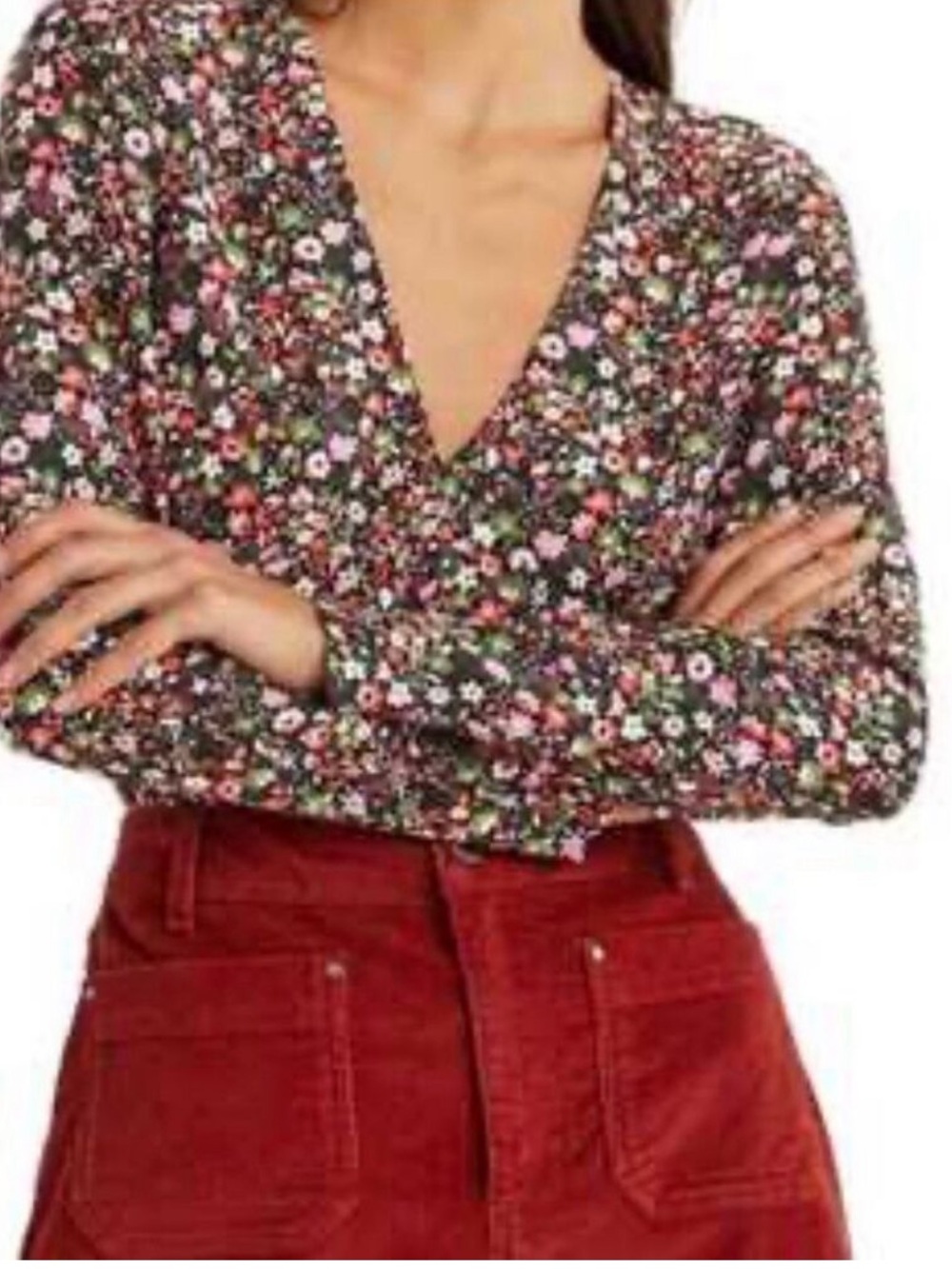 Boden Olive Floral V-Neck Blouse with Pink and White Flowers NWT